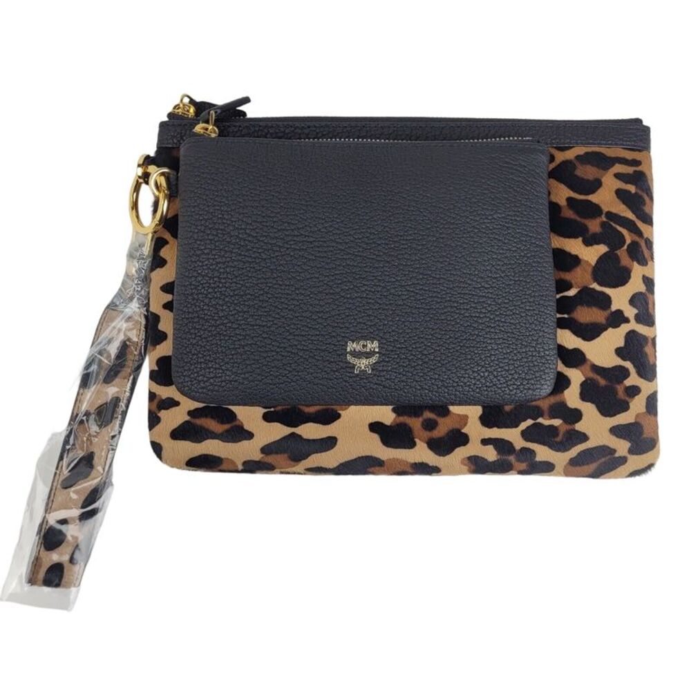 New MCM Women Brown Fur-Leather Cheetah Print Pouch Set - Picture 3 of 5